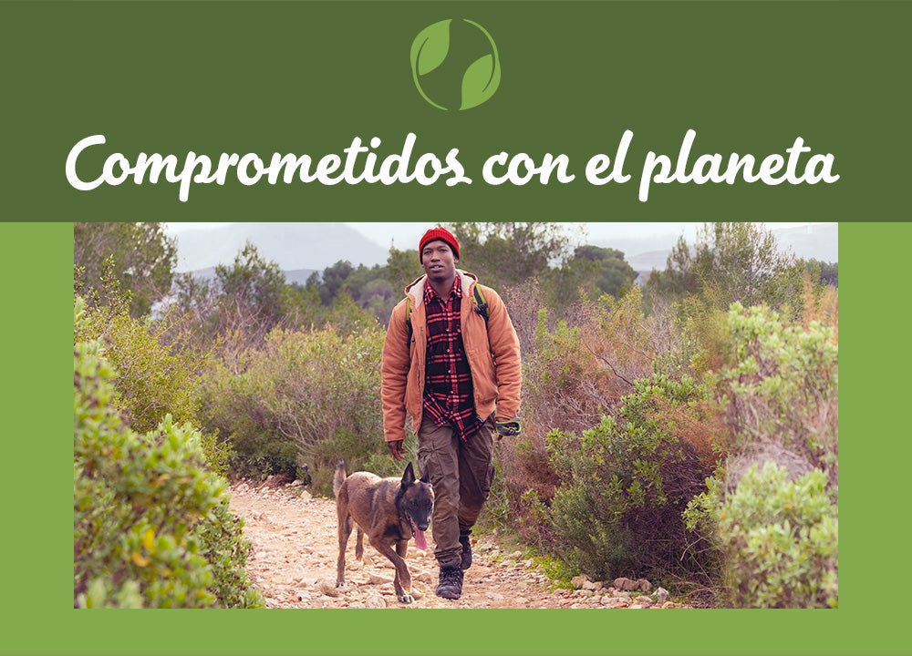 Hombre con perro caminando en un bosque